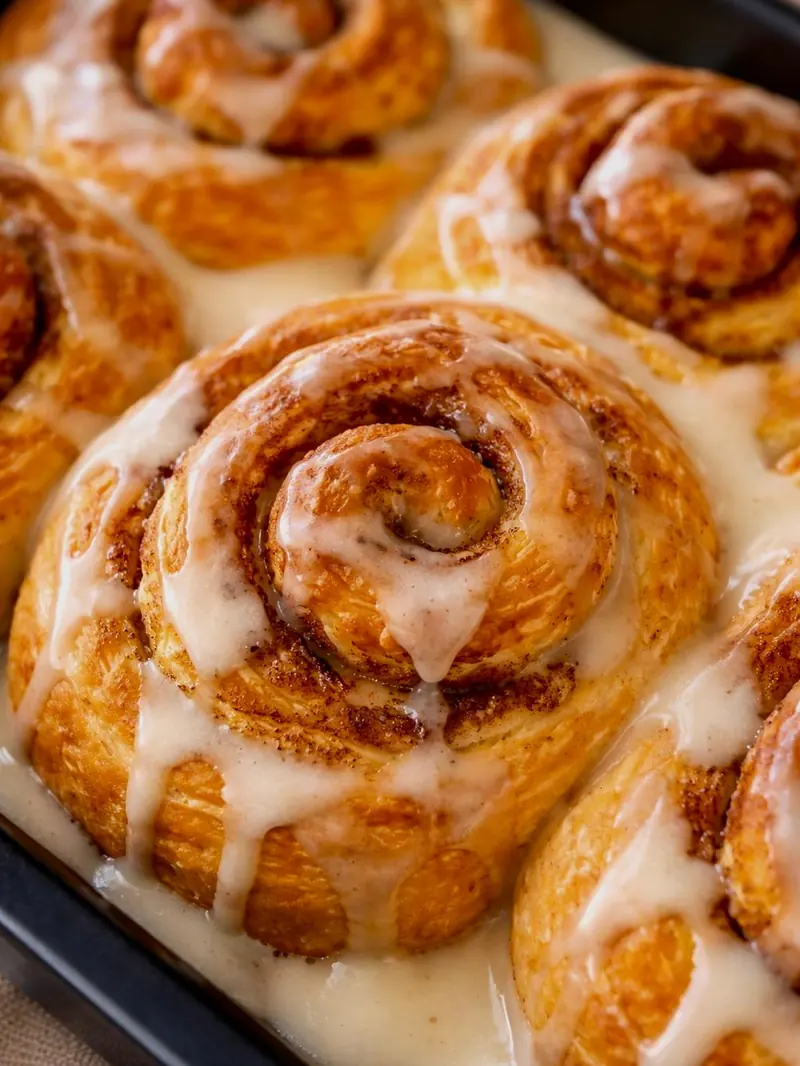 Gros plan d'un cinnamon roll nappé de glaçage blanc